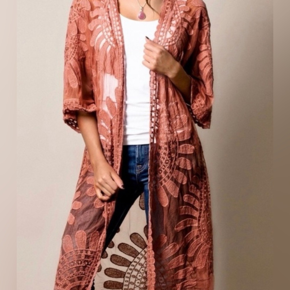 Ungee Mauve Long Lace Kimono Duster Jacket vest Boho Chic Bohemian